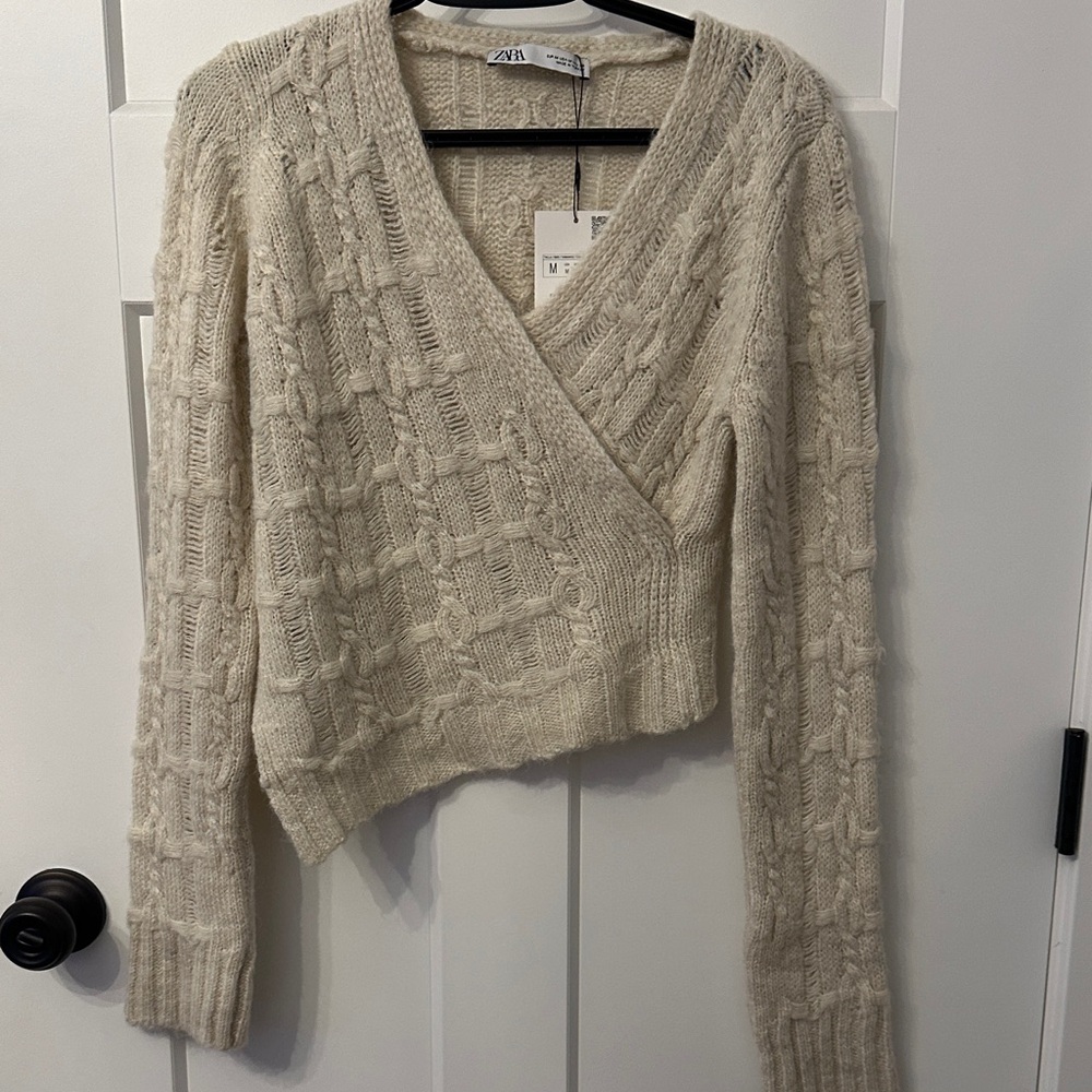Zara Cream Cable-Knit V-Neck Wrap Sweater